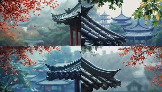 合集-清明节中国风雨中枫叶与中式古建筑高清在线视频素材下载