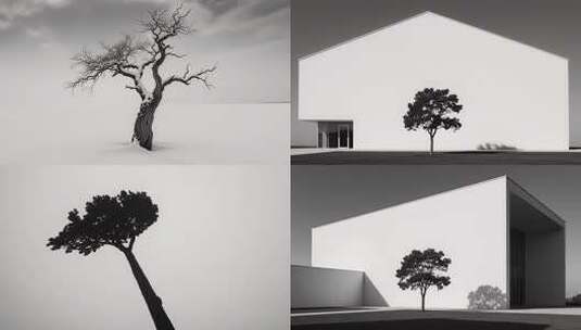 极简黑白光影建筑与孤独树木高清在线视频素材下载
