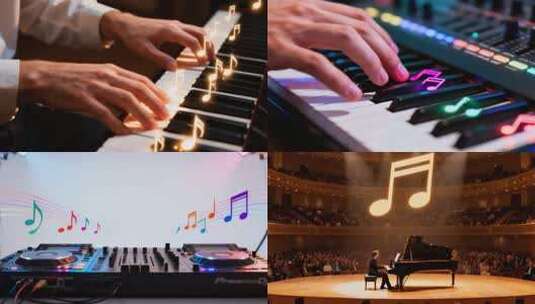 音符跳动表演与乐器集锦舞台演出及制作高清在线视频素材下载