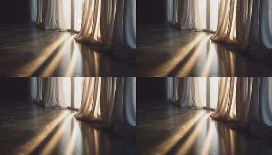 室内阳光透过窗帘洒入画面高清在线视频素材下载