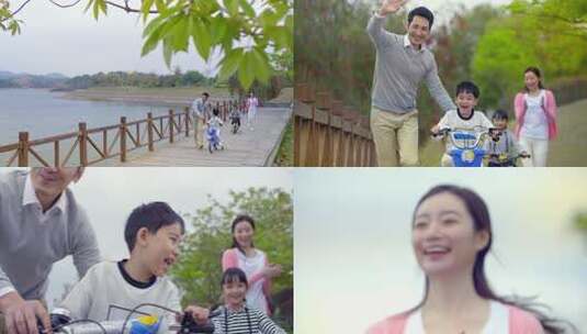 一家人湖边栈道骑自行车游玩高清在线视频素材下载