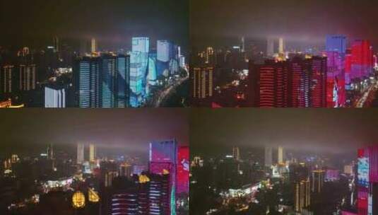 4k长沙湘江雨天夜景灯光秀航拍高清在线视频素材下载
