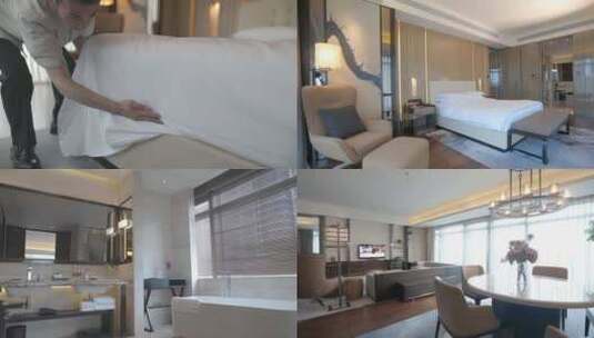 高端星级酒店客房服务 整理客房打扫铺床高清在线视频素材下载