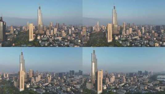 清晨时分的江苏南京紫峰大厦近景航拍高清在线视频素材下载