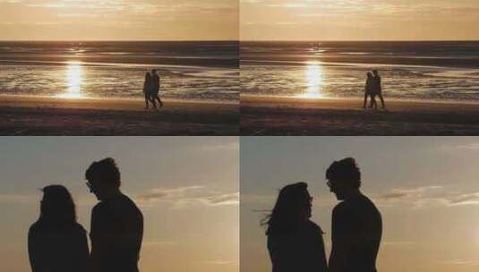 夕阳背景下的浪漫情侣剪影高清在线视频素材下载