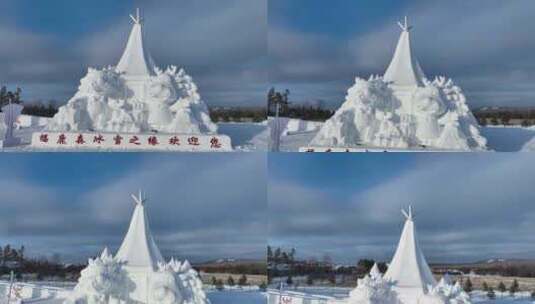内蒙古敖鲁古雅驯鹿元素精美雪雕高清在线视频素材下载