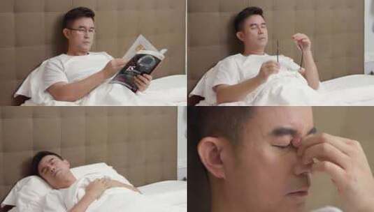 男子在床上看杂志居家看书疲惫揉眼睛困倦高清在线视频素材下载