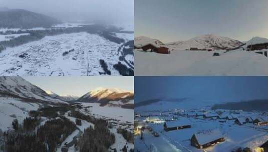 新疆冬季禾木航拍全景穿越机高清在线视频素材下载