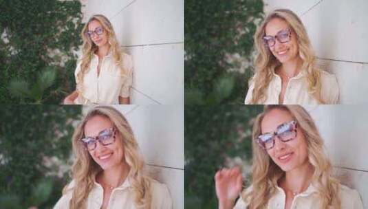 微笑的金发女子在大楼外调整智能眼镜高清在线视频素材下载