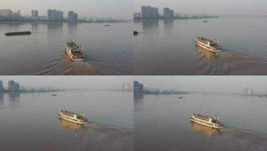 武汉江滩航拍江面轮渡人日高清在线视频素材下载