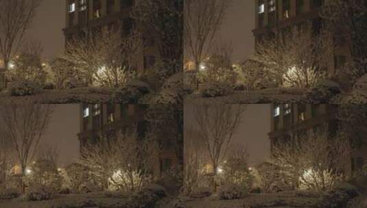 小区下雪夜景唯美飘雪高清在线视频素材下载