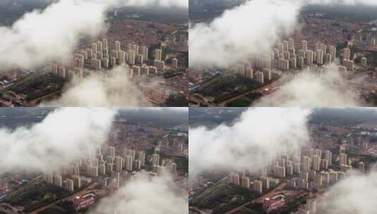 航拍城市雨后仙气云雾高清在线视频素材下载