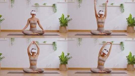 戴虚拟现实练瑜伽的女人高清在线视频素材下载