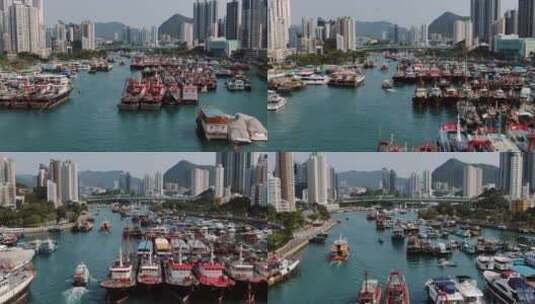 航拍的港口渔船景观高清在线视频素材下载