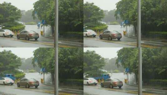 狂风暴雨堵车路口下雨出行行人车辆道路积水高清在线视频素材下载