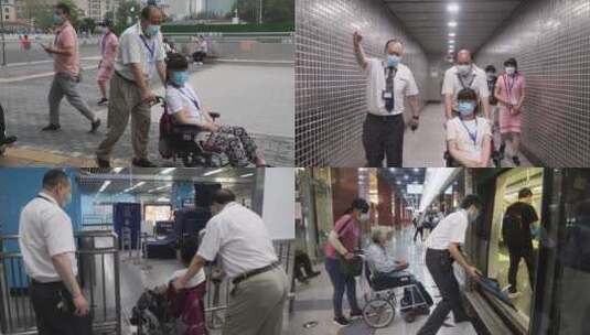 党员服务残疾人乘坐地铁高清在线视频素材下载