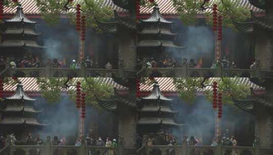 下雨天杭州上天竺寺庙大殿前上香的的香炉高清在线视频素材下载