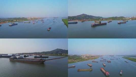 长沙湘江水运交通船舶船只货船航拍高清在线视频素材下载