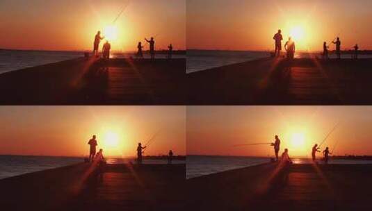 人们在夕阳下钓鱼高清在线视频素材下载