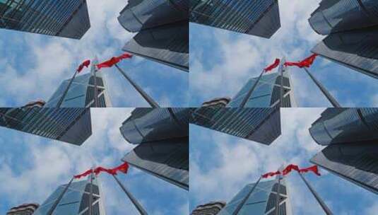 仰拍香港写字楼蓝天白云旗帜高清在线视频素材下载