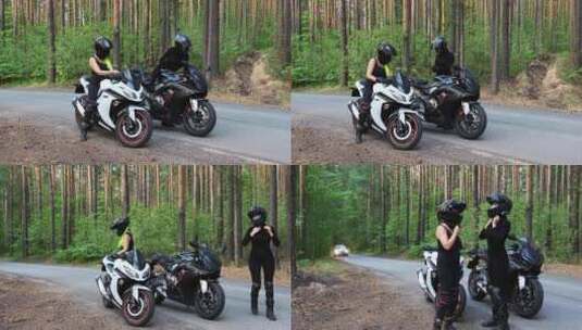 森林里的摩托车两个女人从摩托车上下来，摘下头盔高清在线视频素材下载
