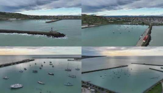 纯净海边帆船灯塔海浪日出光影4K航拍片头高清在线视频素材下载