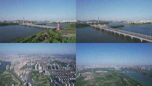 六安淠河赤壁大桥月亮岛城市航拍合集高清在线视频素材下载