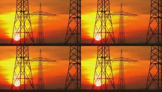 电力塔高压线电网夕阳黄昏航拍延时高清在线视频素材下载