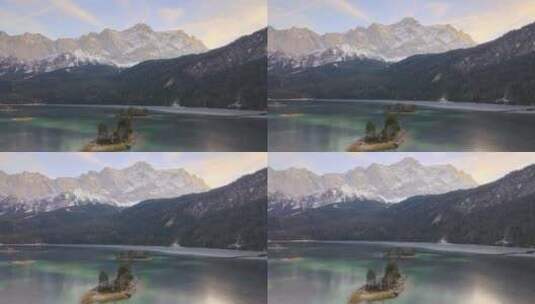 无人驾驶飞机飞越山湖高清在线视频素材下载