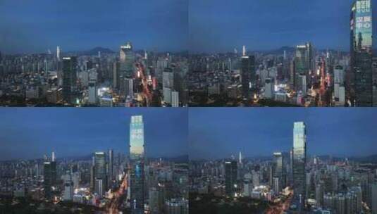 4K深圳福田区汉国中心建筑群夜景蓝调航拍高清在线视频素材下载