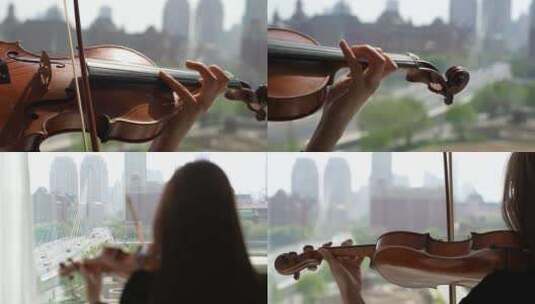 小提琴家窗前演奏唯美镜头高清在线视频素材下载