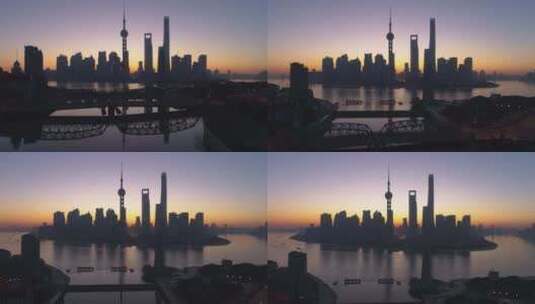 全景上海黎明天际线。陆家嘴区和外白渡桥。高清在线视频素材下载