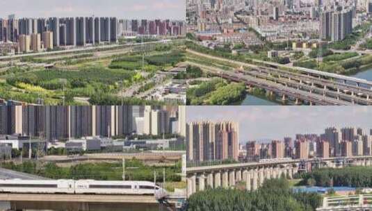 高铁穿过城市长焦跟踪镜头合集高清在线视频素材下载
