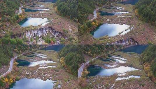 航拍九寨沟秋天诺日朗瀑布镜海彩林水景秋景高清在线视频素材下载