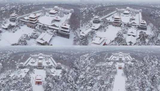 辽宁沈阳北陵公园清昭陵大雪中古建筑航拍高清在线视频素材下载