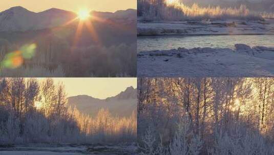 冬季河畔日出雪景暖阳雾凇雪松雪山阳光高清在线视频素材下载