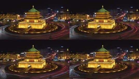 西安钟楼地标夜景车流光轨车水马龙延时摄影高清在线视频素材下载