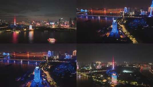 合集湖北武汉龟山公园电视塔晴川阁夜景航拍高清在线视频素材下载