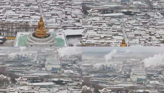 户外大型观音雕像雪景特写高清在线视频素材下载