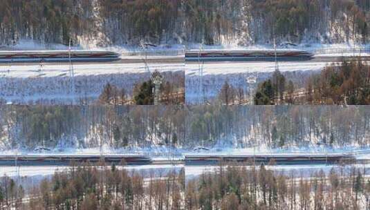 中国黑龙江高铁列车行驶在雪原森林高清在线视频素材下载