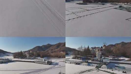 青山湖雪地中的车辙痕迹高清在线视频素材下载