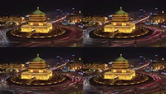 西安钟楼地标夜景车流光轨车水马龙延时摄影高清在线视频素材下载
