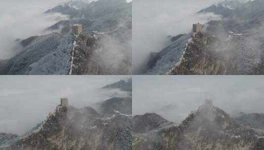 大气长城冬季雪景雾凇云海航拍高清在线视频素材下载