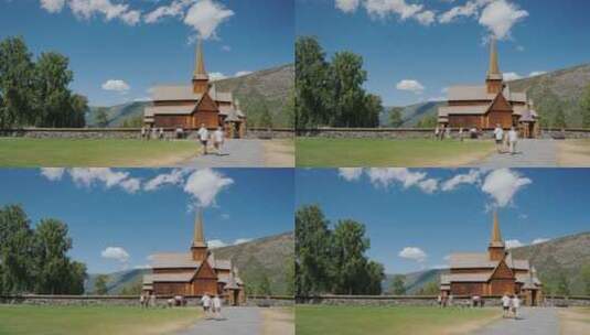 人们参观古老的木制教堂高清在线视频素材下载