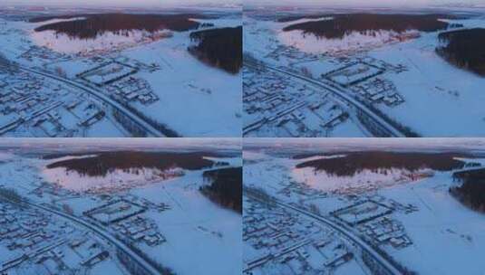 航拍呼伦贝尔垦区雪原村庄高清在线视频素材下载