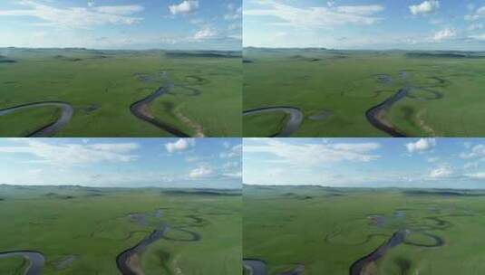 航拍呼伦贝尔高原牧场弯曲的河流高清在线视频素材下载