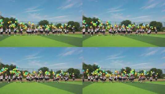 学生举着气球奔跑高清在线视频素材下载