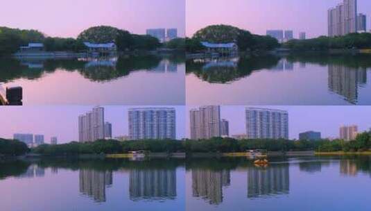 广州城市湖景豪宅与流花湖落日夕阳唯美风光高清在线视频素材下载