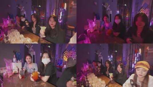 酒吧里一排美女举起酒杯高清在线视频素材下载