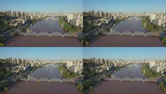 甘肃兰州黄河中山铁桥城市建筑航拍高清在线视频素材下载